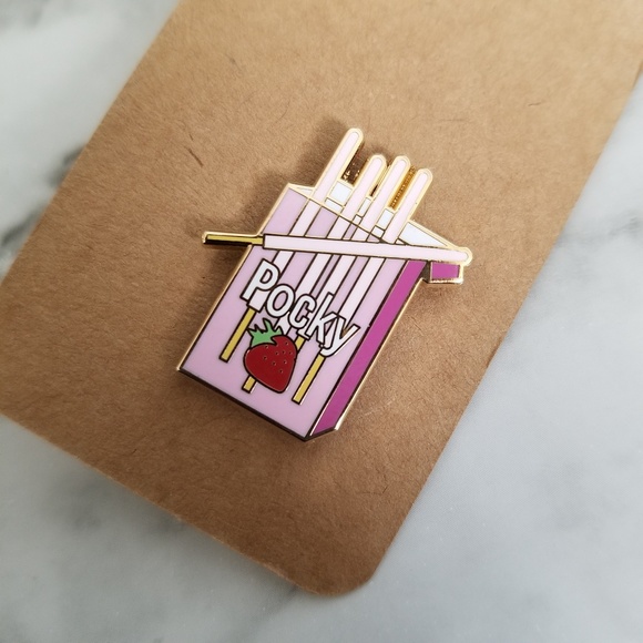 boutique Jewelry - LE Strawberry Pocky Asian Snack Gold Enamel Pin